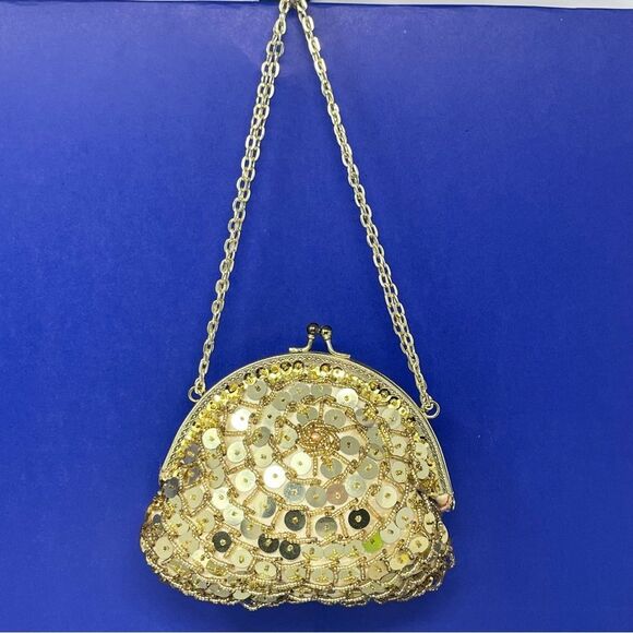 Vintage Gold Sequined Chain Strap Art Deco Flapper Purse Handmade Hong Kong - Picture 8 of 11